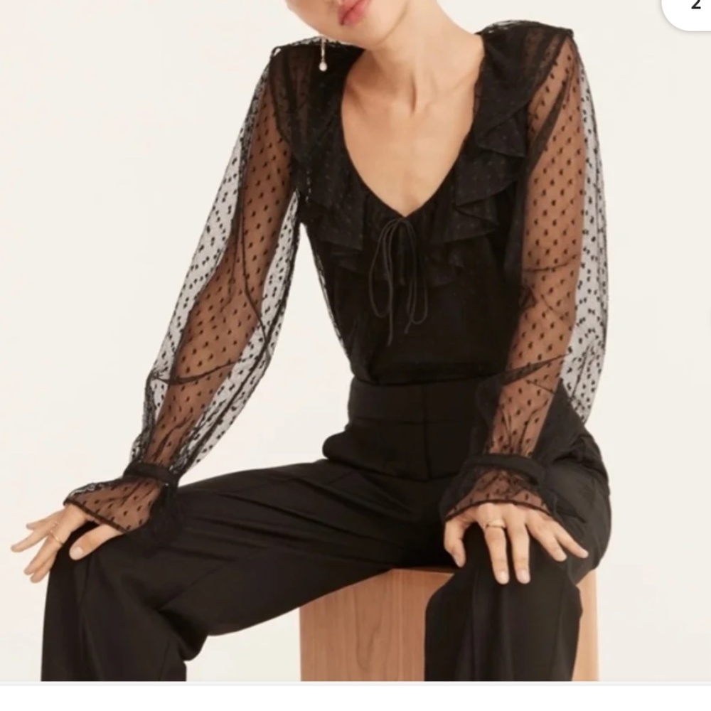 J. CREW Black Ruffleneck Top in Clip Dot